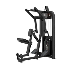 Black seated row machine with adjustable weight stack for strength training.