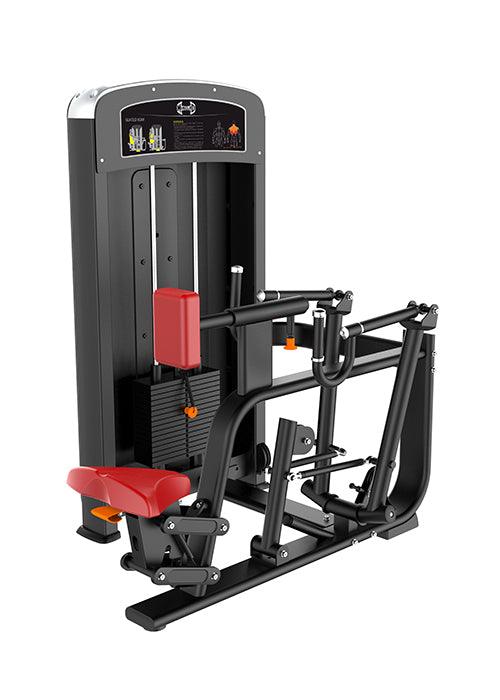 Seated row machine with red seat and black frame for effective back workouts.
