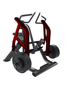 Red and black plate-loaded gym machine with ergonomic handles for strength training.