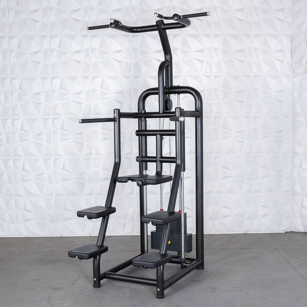 Black power tower with pull-up and dip bars, ideal for home gym workouts.