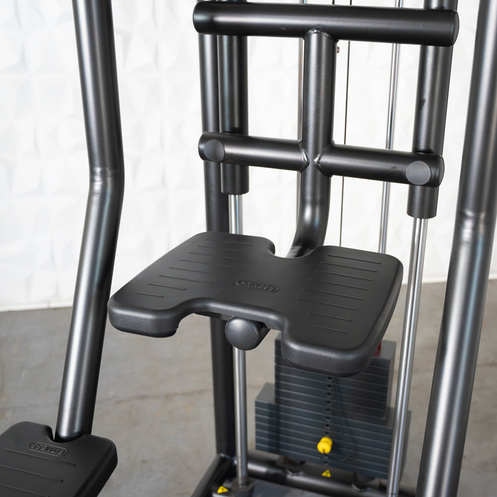 Fitness machine with black seat and stack weights for strength training.