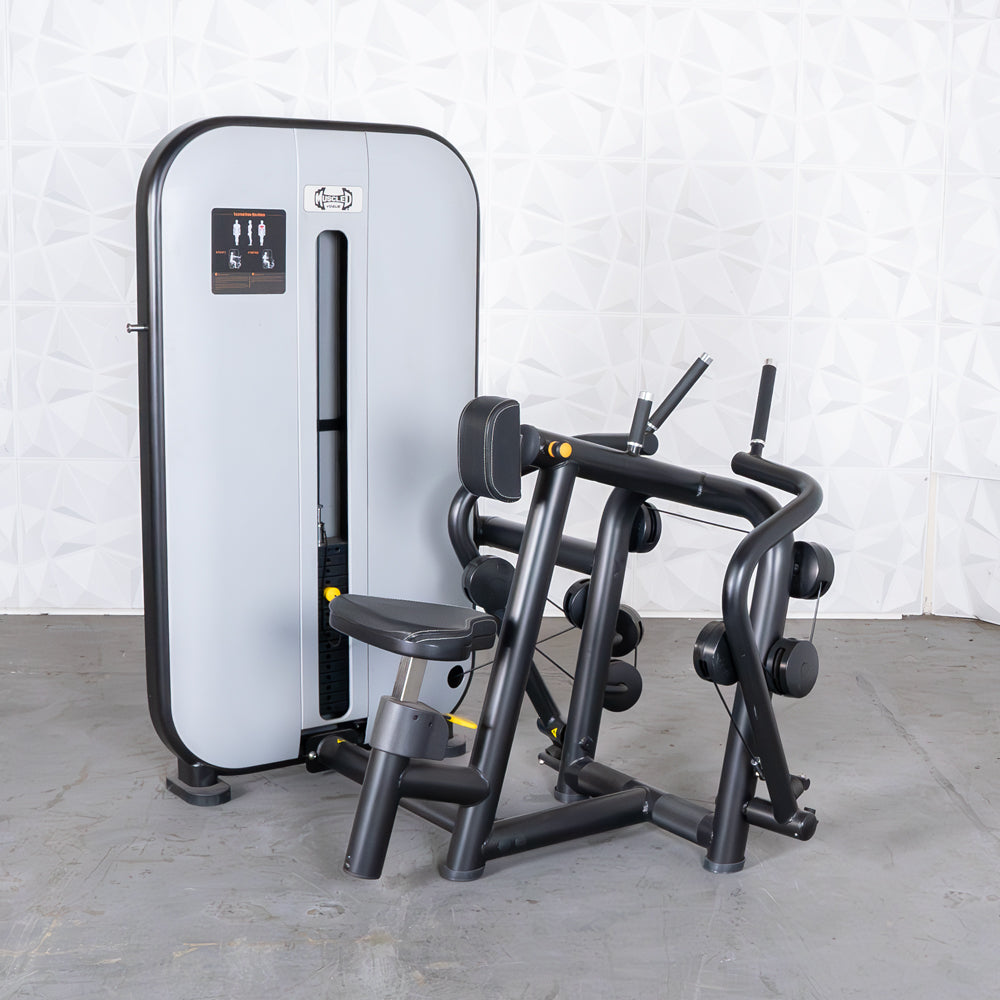 Gym equipment machine for seated rowing with padded seat and black frame.