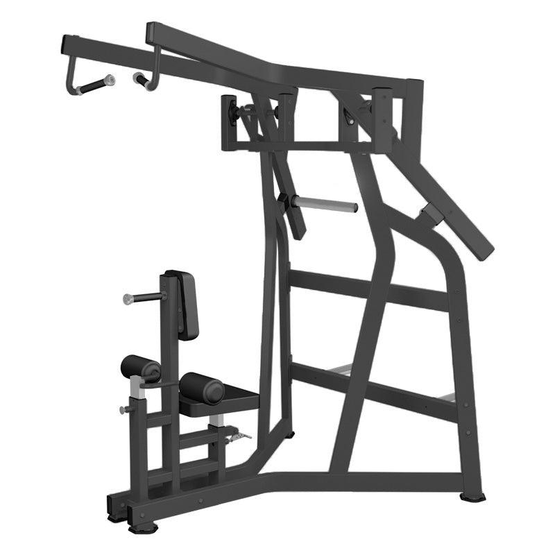 Commercial gym pull-up machine with black metal frame and padded seat for strength training.