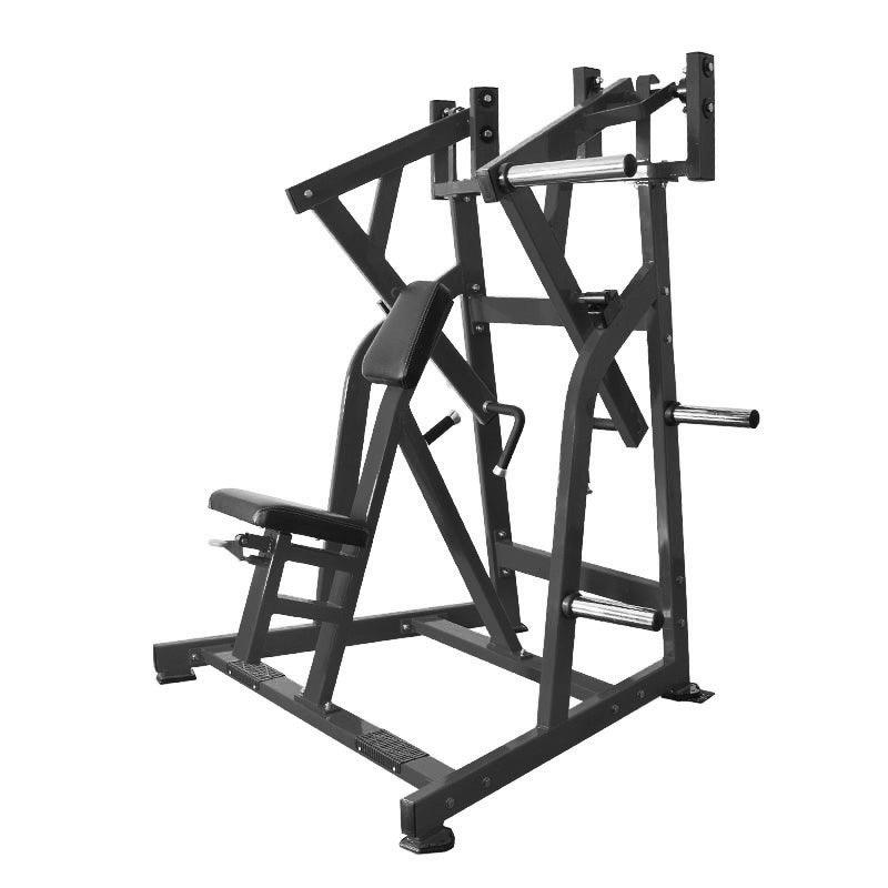 Seated row machine with black padded seat and backrest for strength training.