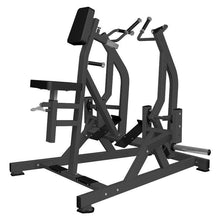 Black seated row machine with dual handles for upper body workouts.