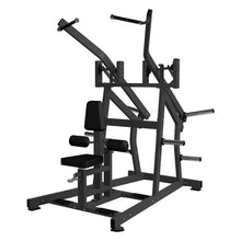 Black multi-station gym machine with padded seat for versatile workouts.