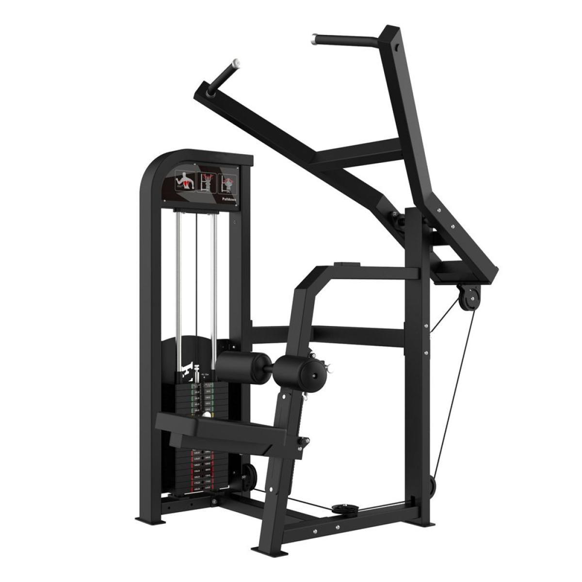 Pellor lat pulldown machine, black steel frame, featuring adjustable weight stack.
