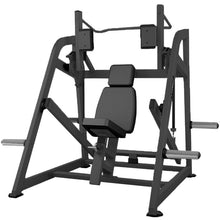 Plate loaded chest press machine with black padded seat for upper body workouts.