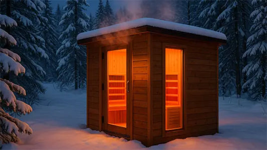 Outdoor infrared sauna in a backyard setting for wellness and relaxation
