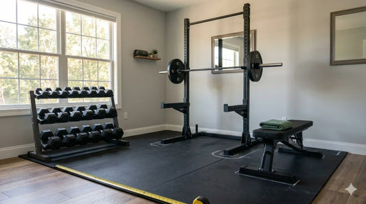 A clean, modern home gym set up in a converted spare bedroom, photographed in warm natural light from a large window on the left. 