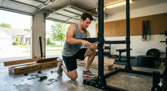 Male fitness athlete assembling power rack in their garage