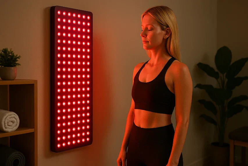 Red light therapy panels glowing to highlight science-backed health benefits
