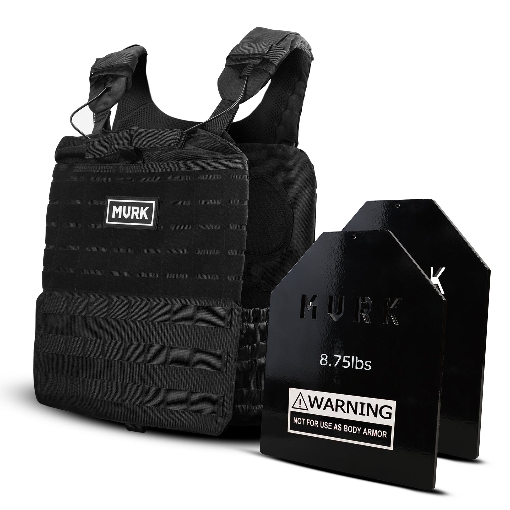 Black tactical vest and armor plate with 'MVRK' branding on a white background
