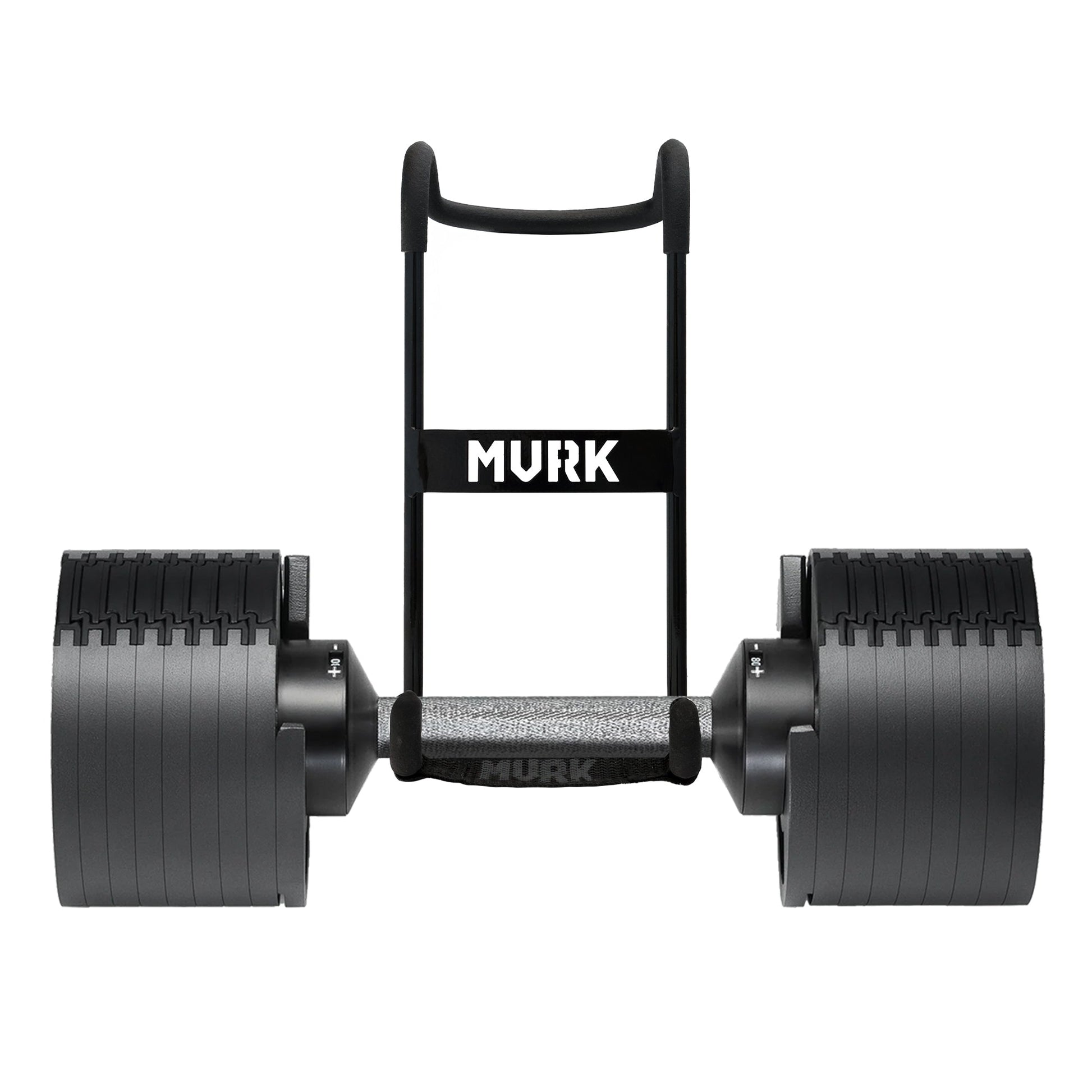 MVRK adjustable dumbbell set with padded grip and wheeled frame.