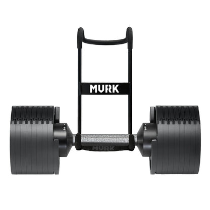 MVRK adjustable dumbbell set with padded grip and wheeled frame.