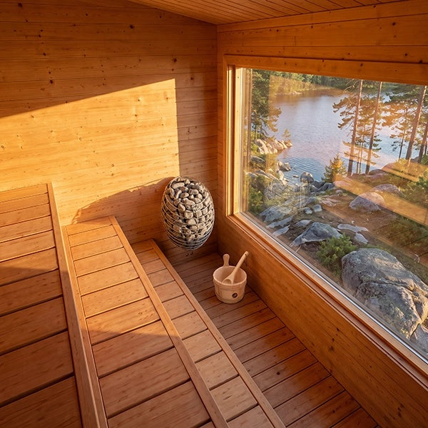 CT Avalon Sauna interior with three-tier seating and picture window