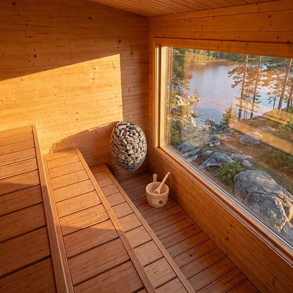 CT Avalon Sauna interior with three-tier seating and picture window