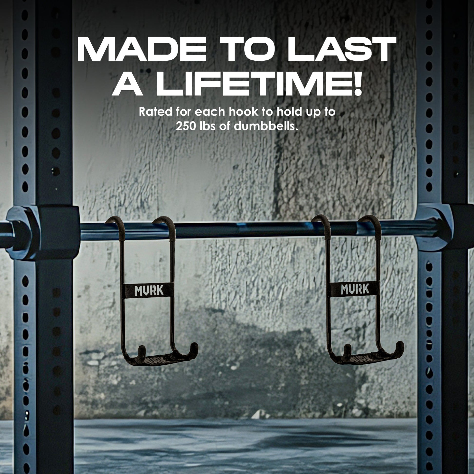 Two hooks labeled “MVRK” on a squat rack in a gym setting.