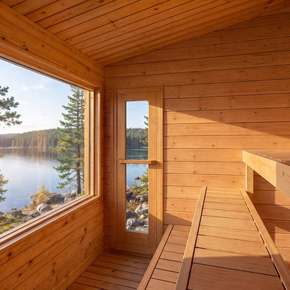 CT Avalon Sauna cedar interior, glass door, and picture window