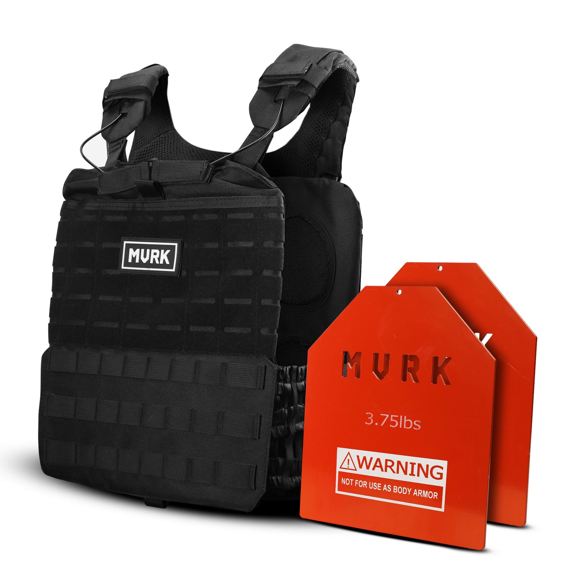 Black MVRK tactical vest with MOLLE and orange weight plates.
