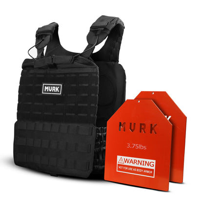 Black MVRK tactical vest with MOLLE and orange weight plates.