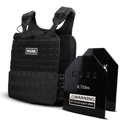 Black tactical vest with MOLLE webbing and two armored plates labeled MVRK.