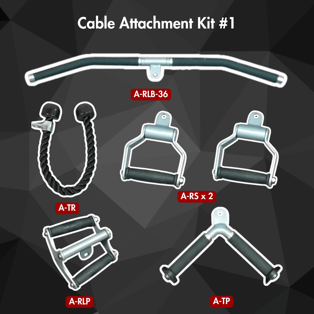 Cable Attachment Kit #1 showing bar, rope loop, handles, and brackets.