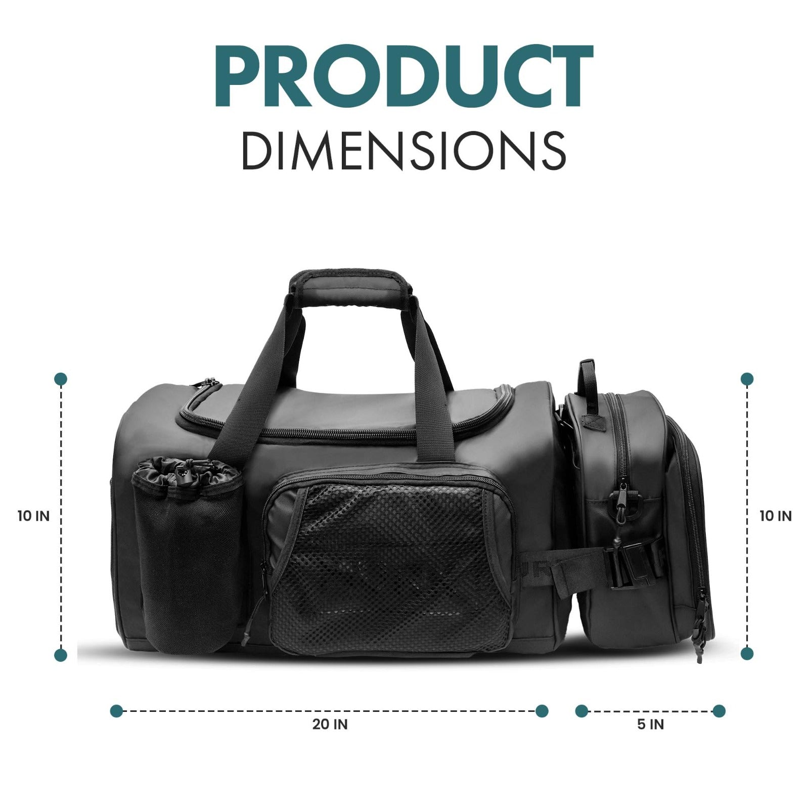 Black duffel bag with multiple pockets and handles; dimensions 20x10x5 inches.