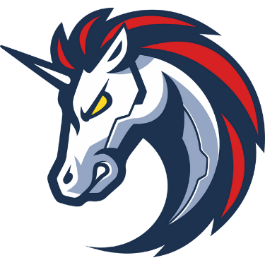 Stylized unicorn head logo with red and navy blue coloring, featuring a white face, gold eye accent, and flowing mane design.