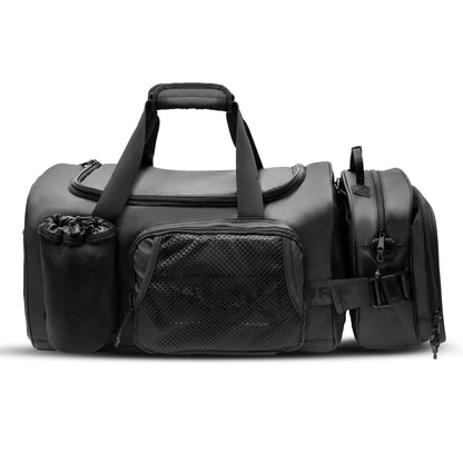 Black gym duffel bag with mesh front pocket and side compartments.