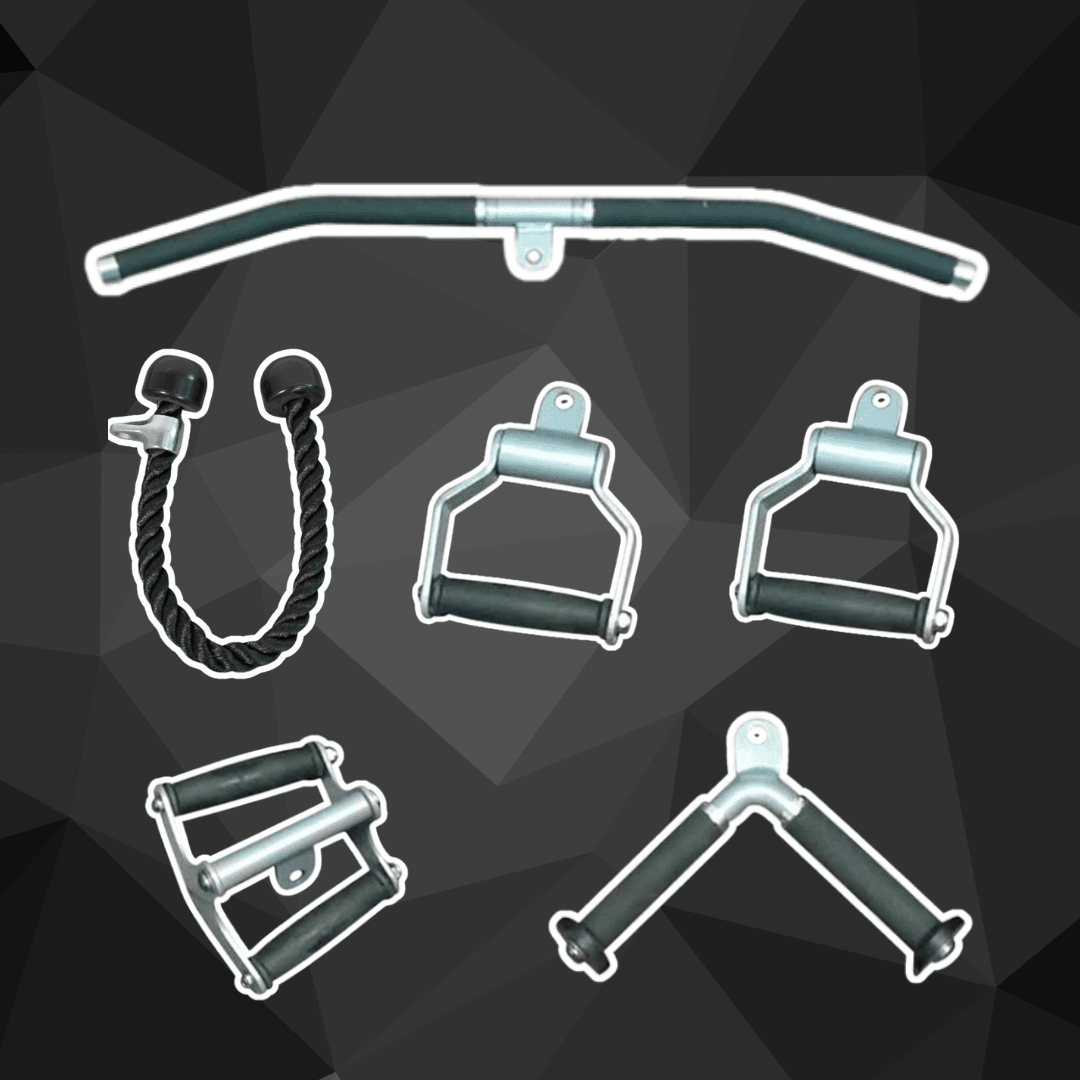 Assorted fitness attachments: bars, handles, and straps.