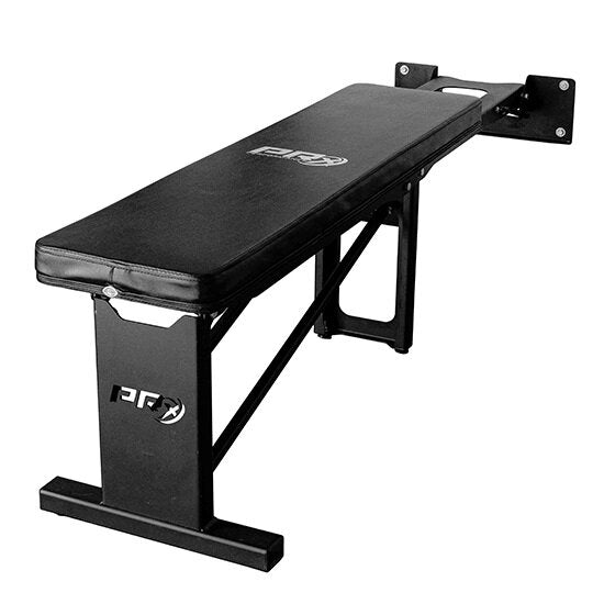 Black wall-mounted workout bench with padded seat and metal frame.