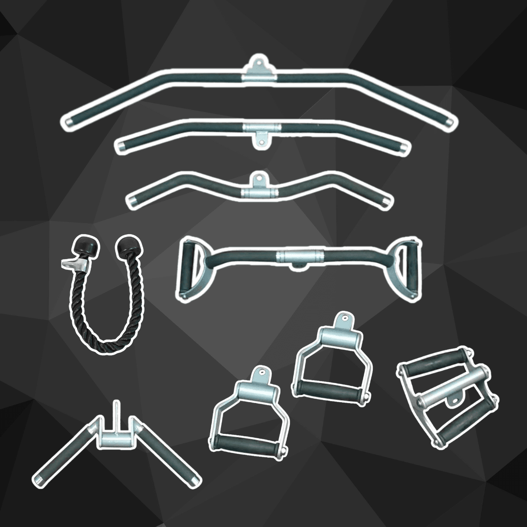 Set of gym accessories: resistance bands, handles, ankle straps, and door anchors.