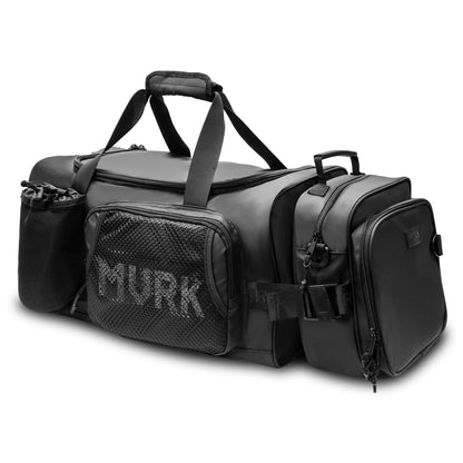 Black duffel bag with multiple pockets, mesh front pocket, and side compartments.