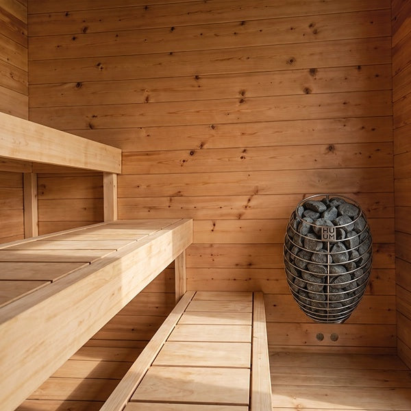 CT Avalon Sauna cedar benches and HUUM electric heater
