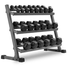 XMARK Hex Dumbbells (5-50 lb Sets) with 3-Tier Storage Rack