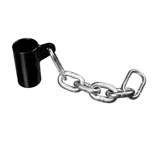 Small black cylinder attached to a metal chain and links.