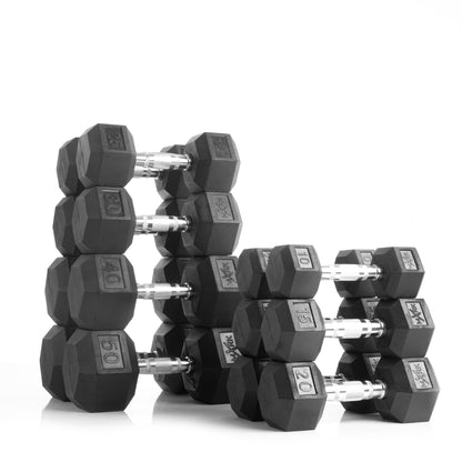 XMARK Rubber Hex Dumbbell Pairs with 2-Tier Storage Rack