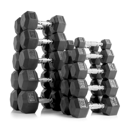XMARK Hex Dumbbells (5-50 lb Sets) with 3-Tier Storage Rack
