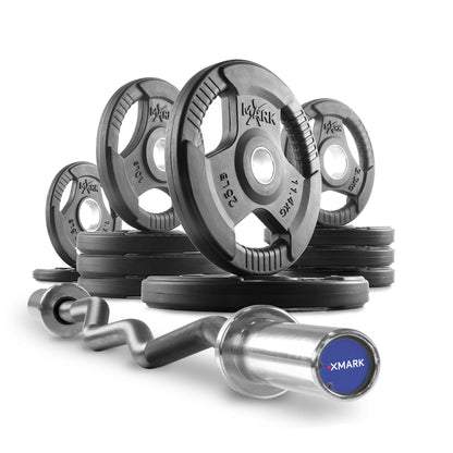 XMARK Tri-Grip Olympic Weight Plates and Curl Barbell Sets