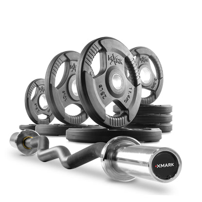XMARK Tri-Grip Olympic Weight Plates and Curl Barbell Sets