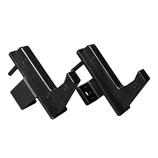 Two black metal brackets with pins and screws, adjustable mounts.