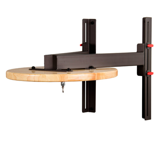 Wall-mounted black metal arm holding round wooden shelf with red knobs.