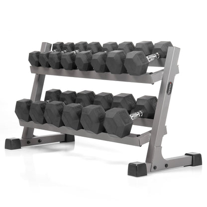 XMARK Rubber Hex Dumbbell Pairs with 2-Tier Storage Rack