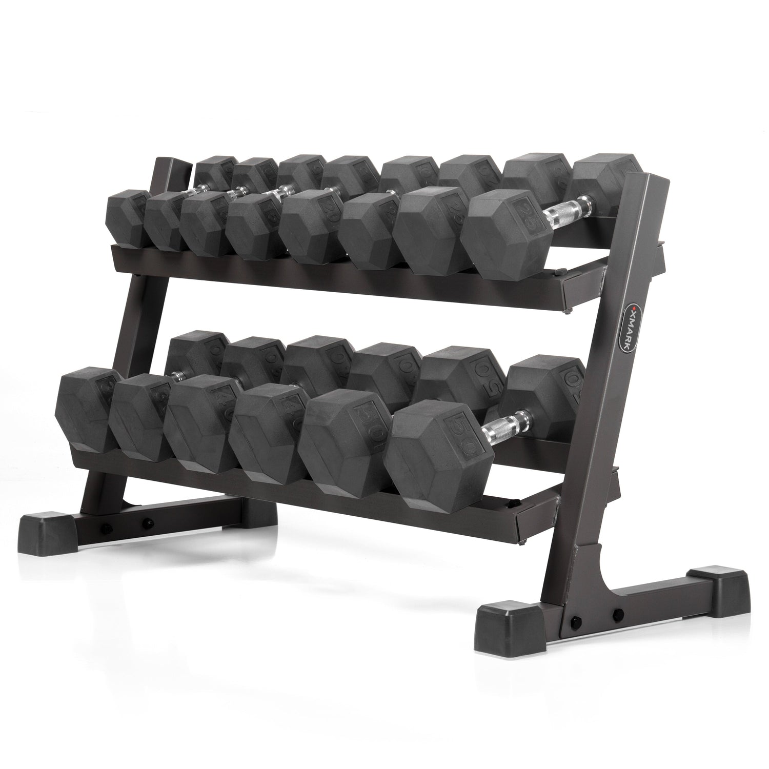 XMARK Rubber Hex Dumbbell Pairs with 2-Tier Storage Rack