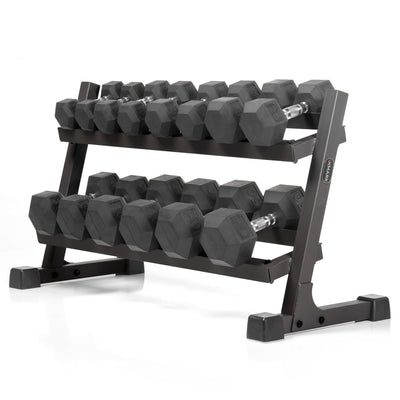 XMARK Rubber Hex Dumbbell Pairs with 2-Tier Storage Rack