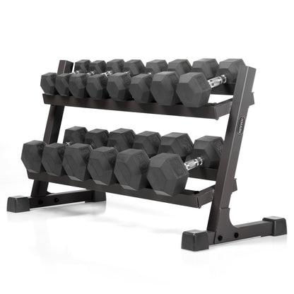 XMARK Rubber Hex Dumbbell Pairs with 2-Tier Storage Rack