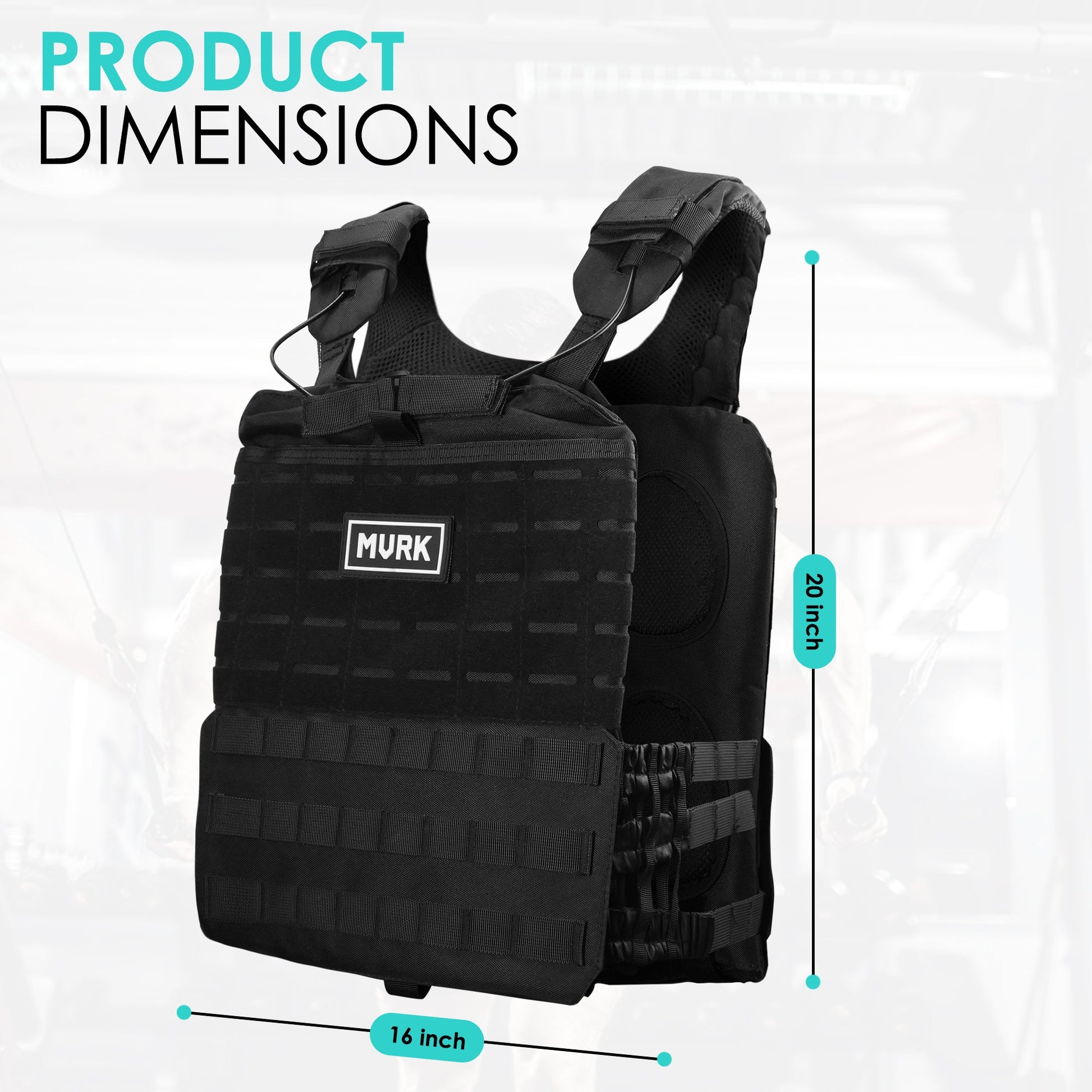 Black tactical vest with MOLLE webbing, 16x20 inch dimensions.
