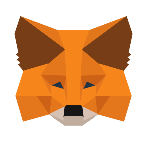 MetaMask fox logo with geometric orange and brown faceted design and dark blue eyes on white background.