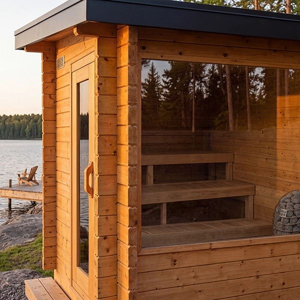 CT Avalon Sauna exterior close-up with cedar benches and HUUM heater